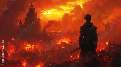 Young Teen Overlooks a Devastating Village Inferno