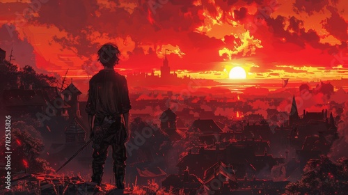 Young Teen Overlooks a Burning Village at Sunset