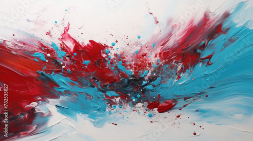 Dynamic bursts of crimson red and turquoise on a clean white canvas, evoking a feeling of excitement and passion.