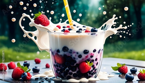 bubble tea with berries and milk splasing around, in the style of an outdoors product hero shot in motion, dynamic magazine ad image, photorealism, stock images, stock photo, illustrations photo