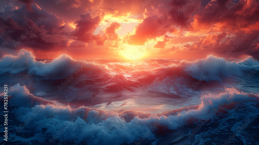A beautiful ocean scene with a red and orange sunset A beautiful ocean scene with a red and orange sunset