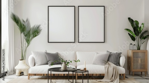 mock up poster frame in modern interior background, living room, Scandinavian style, 3D render