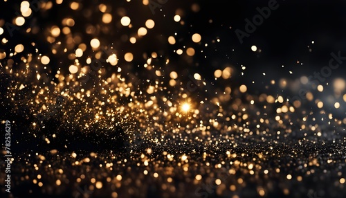 Glitter dark background black and golg color , de-focused, macro. Sparks fall and sparkle in ray of light, free space, panoramic, stock photos, abstract, abstract background photo