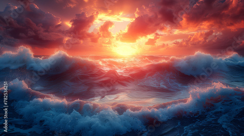 A beautiful ocean scene with a red and orange sunset