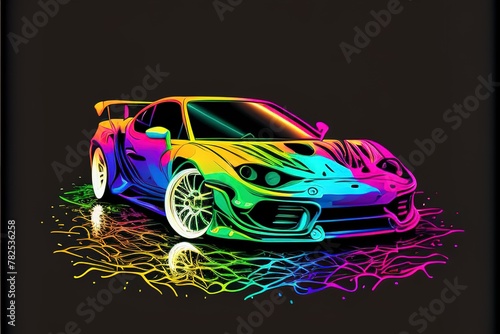 colorful car on a white, grey background. shiny automobile with rainbow colors. 3d illustration made with generative AI technology
