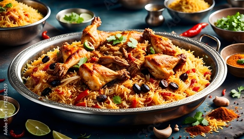 spicy chicken biryani with spices, in the style of an outdoors product hero shot in motion, dynamic magazine ad image, photorealism, stock photo, stock images, 