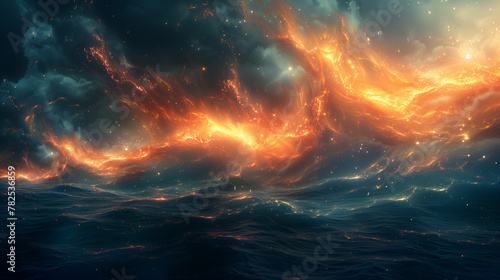 A space scene with a large fire in the sky and a small fire in the water