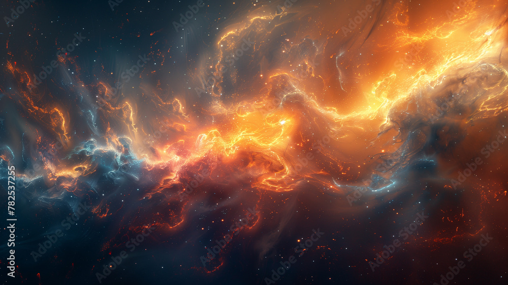A colorful space scene with a bright orange and blue line