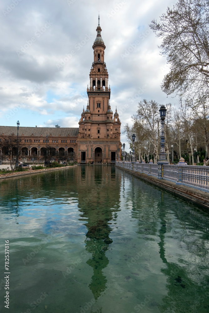 Seville, Spain - March 3, 2024: Architectural detail of the Plaza de España in Seville, Andalusia, Spain