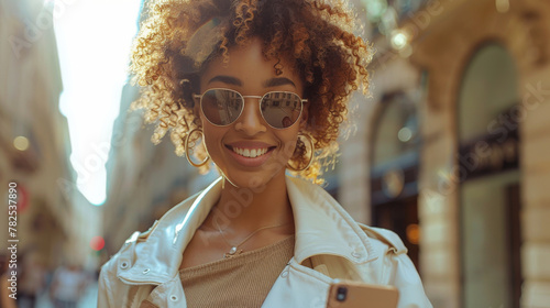 Smiling curly woman wearing trendy sunglasses walks down the central city street and uses her phone. Pretty summer woman in white jacket walks down the street looking at her mobile phone photo