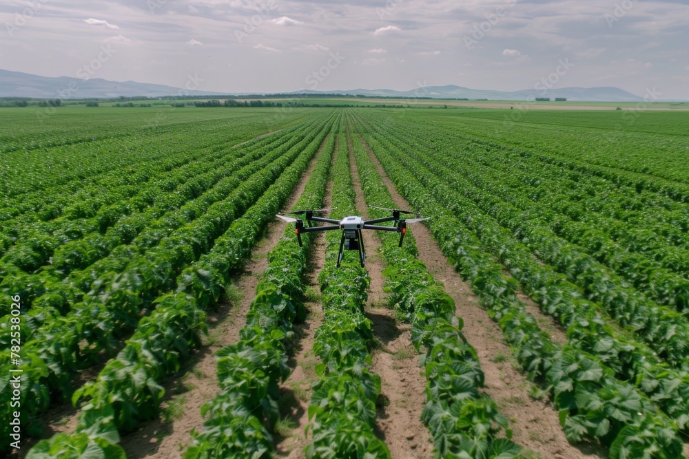 A drone hovers above a green plantfilled agricultural field under a cloudy sky