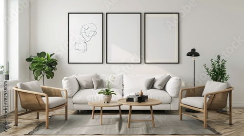 mock up poster frame in modern interior background, living room, Scandinavian style, 3D render