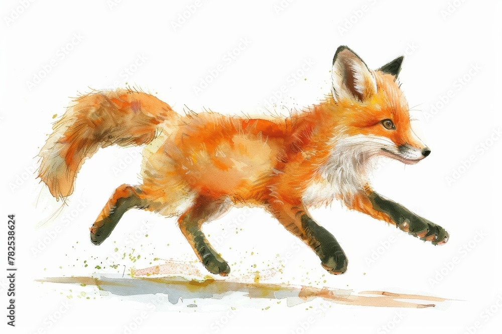 Obraz premium An energetic and vibrant watercolor illustration showing a fox in mid-run, evoking the sense of motion