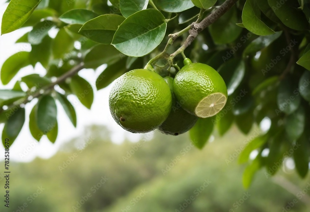 Green organic lime citrus fruit hanging on tree created with generative ai Green organic lime citrus fruit hanging on tree created with generative ai