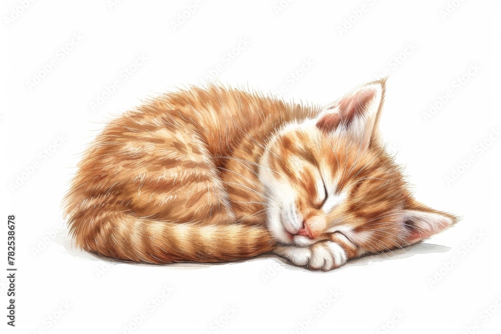 Fototapeta premium A realistic illustration of a ginger kitten sound asleep, curled up, exuding a sense of peace and relaxation