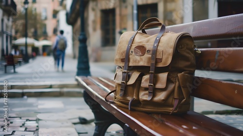 Brown hipster backpack on the bench in Spanish city old town square street. Solo traveler, tourism, travel, vacation concept