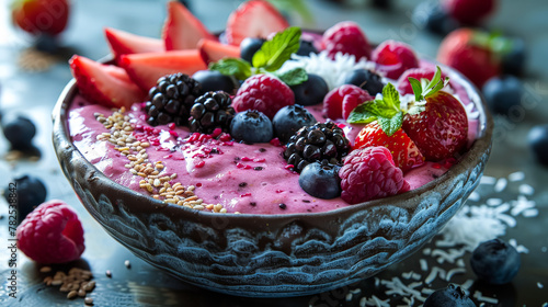 A bowl of fruit with strawberries  blueberries  and raspberries. The bowl is full of fruit and has a blue and white design