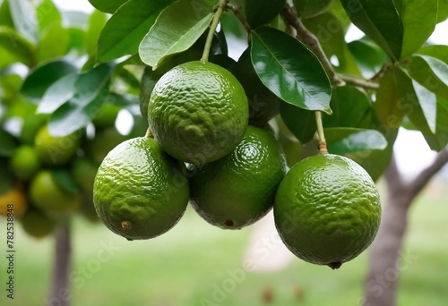  Green organic lime citrus fruit hanging on tree created with generative ai
