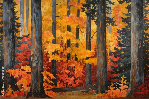 A painting of a forest with trees covered in orange autumn leaves
