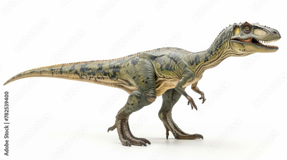 Naklejka premium A humorous image of a realistic Tyrannosaurus rex dinosaur wearing a pair of high heels, isolated on a white background