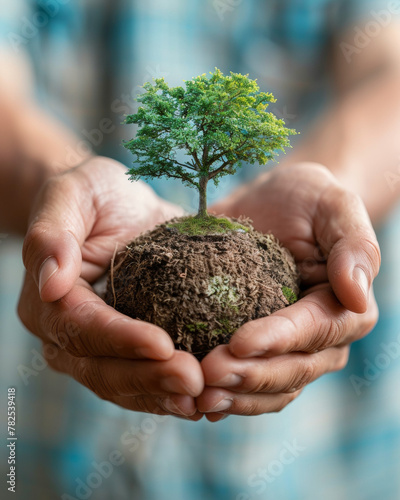 Hands cradling earth topped with a green tree. Human responsibility and global effort to preserve environment. © Synaptic Studio