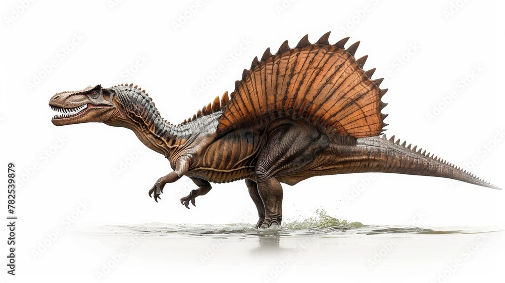 A hyper-realistic and detailed depiction of a Spinosaurus, isolated on a white background, showcasing the dino's features
