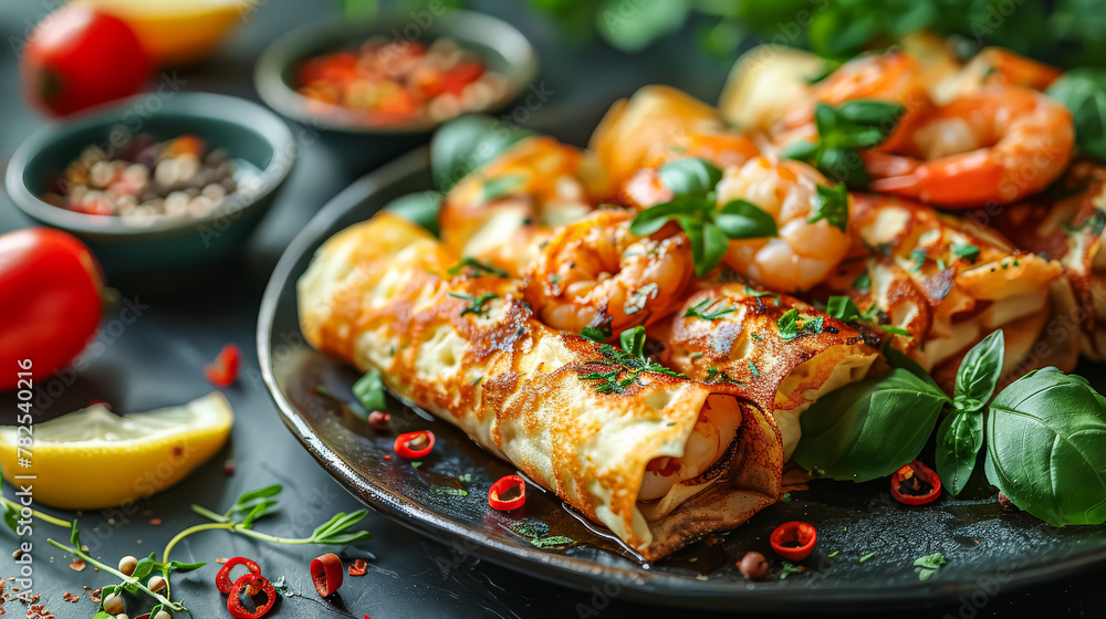 A plate of food with shrimp, tomatoes, and basil. The plate is set on a black table with a variety of condiments and garnishes A plate of food with shrimp, tomatoes, and basil. The plate is set on a black table with a variety of condiments and garnishes