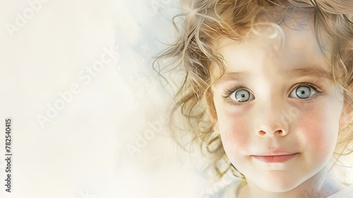 Watercolor painting of a child with lively eyes and a sunny demeanor captured in the artwork