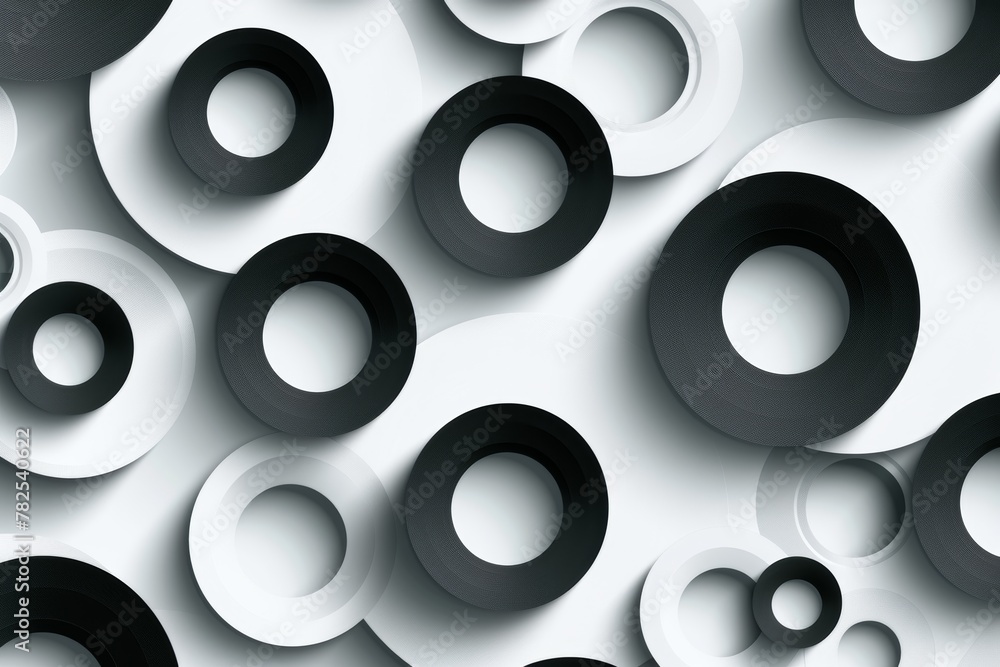 The image features an intricate array of black and white rings, intertwining and creating a visually striking abstract pattern The image features an intricate array of black and white rings, intertwining and creating a visually striking abstract pattern