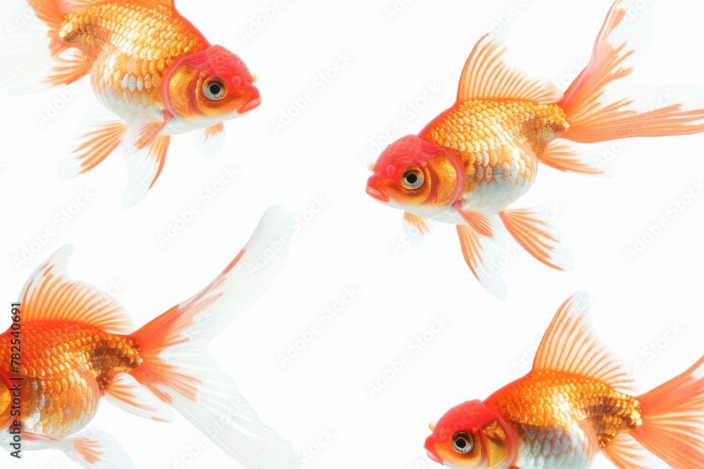 Image of four goldfish with a mix of bright orange and white colors in a simple, clean white background Image of four goldfish with a mix of bright orange and white colors in a simple, clean white background