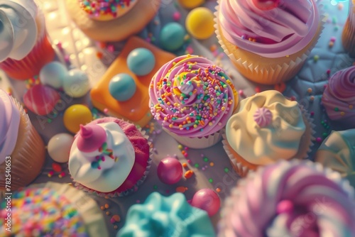 A delightful collection of cupcakes decorated with colorful icing and sprinkles, perfect for a celebration. Decorated Cupcakes with Colorful Icing