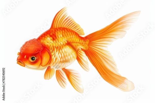 A single ornate goldfish with intricate scale patterns swimming alone against a pure white background