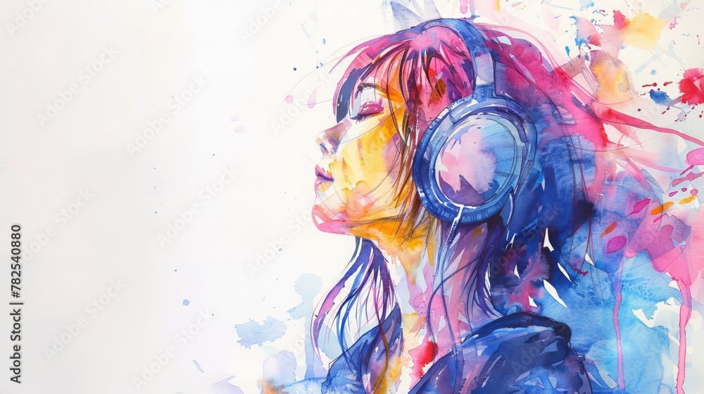 Showcasing the profile of a person lost in music, with bold, expressive watercolor strokes and splashes