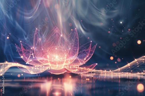 Reflective digital lotus on water, for tranquil background or mindfulness blogs., mediatation concept, a lotus in horizontal layout banner with copy space, generative ai
