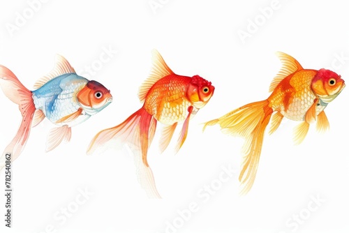 Artwork showing a trio of delicate goldfish with translucent fins and vibrant orange colors in watercolor style