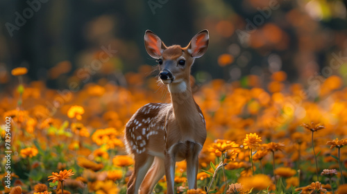 A baby deer is standing in a field of flowers