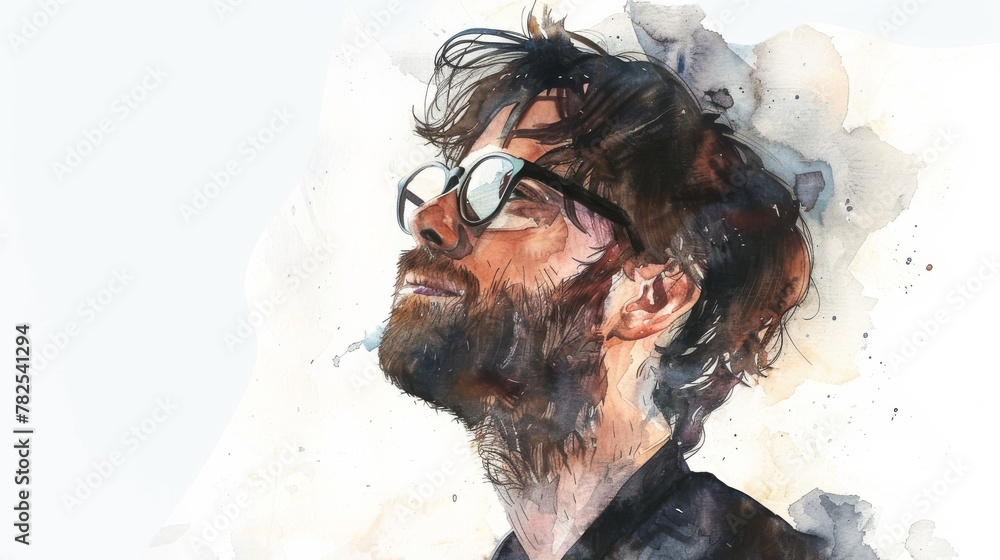 This artwork shows a male profile highlighted with abstract watercolor splashes and vibrant hues