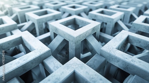 A vast 3D maze composed of repeating cubic concrete frames creates a feeling of complexity and infinite possibilities in a monochromatic tone