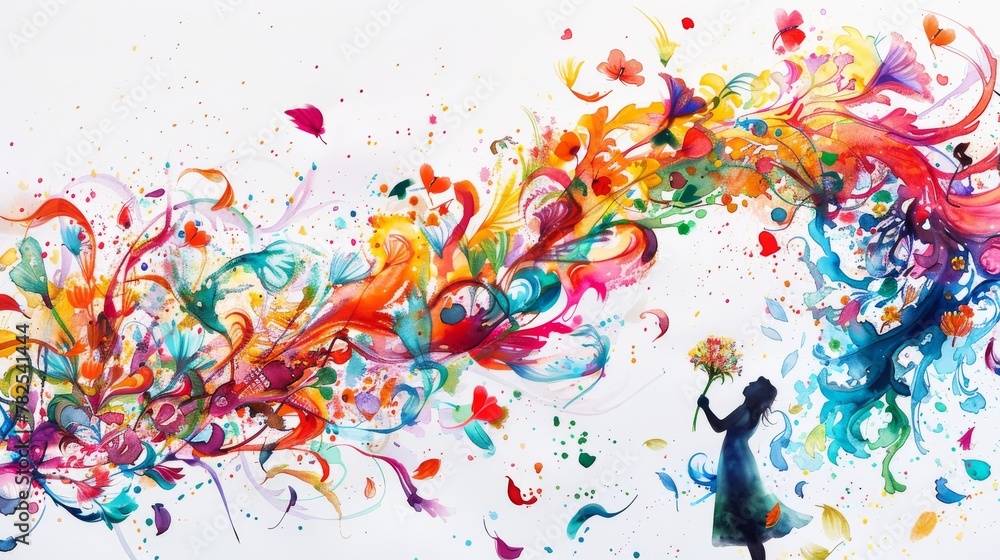 Fototapeta premium A silhouette holds a bouquet contrasting with a whimsical, vivid watercolor trail that evokes imagination and creativity