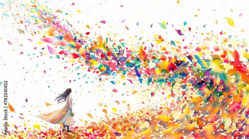 A lady stands in a field of flowers enveloped by a storm of bright, colorful watercolor splashes representing vibrancy