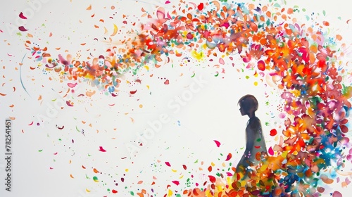 A silhouette of a person is surrounded by a vibrant, colorful explosion of confetti, implying celebration and joy
