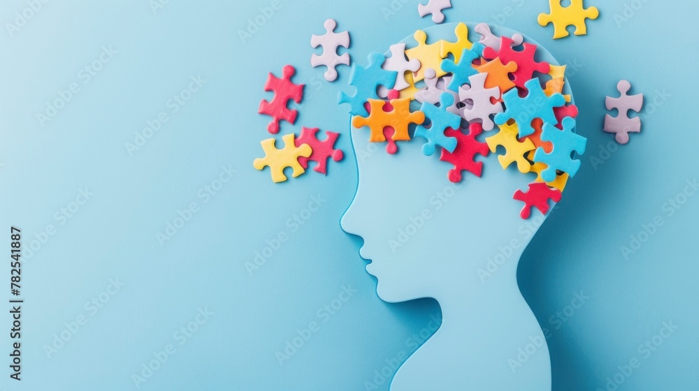 puzzle forming a head. world autism day concept on blue background in high resolution puzzle forming a head. world autism day concept on blue background in high resolution