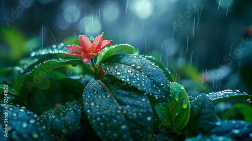 A flower is surrounded by raindrops on a leaf