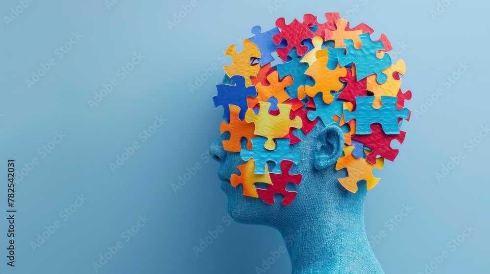 puzzle forming a head. world autism day concept on blue background in high resolution and quality puzzle forming a head. world autism day concept on blue background in high resolution and quality