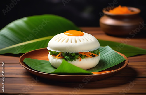 Delicious baozi, Chinese steamed meat bun served on plate with tropical leaf on wooden table, close up, copy space, product design concept