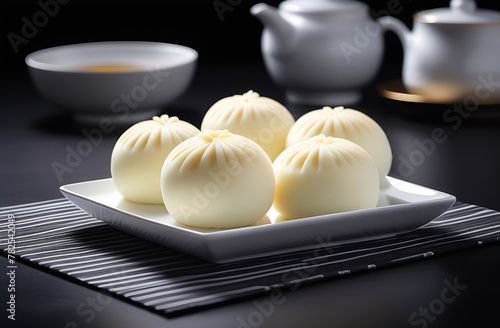 Delicious baozi, Chinese steamed meat bun served on plate with tropical leaf on black plate and table, close up, copy space, product design concept
