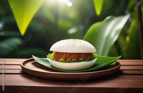 Delicious baozi, Chinese steamed meat bun served on plate with tropical leaf on wooden table, close up, copy space, product design concept