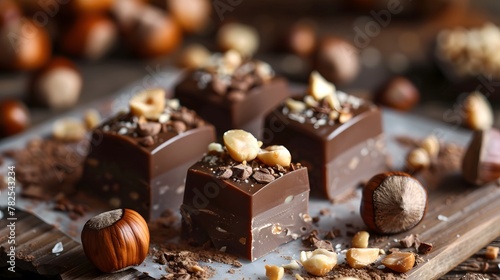 Candies with hazelnut paste and whole hazelnuts in milk chocolate