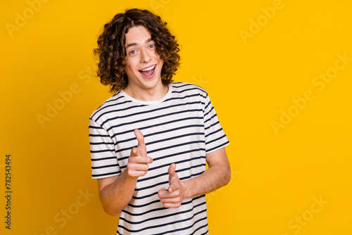 Photo of young cheerful attractive flirty coquette guy optimistic funny boyfriend pointing fingers you isolated on yellow color background