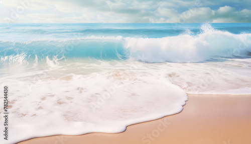 Calm and paradisiacal Caribbean beach with blue sky and clouds by day. Sunny sea shore with foamy water and waves. Beautiful and serene beach in soft pastel pink and turquoise tones. Summertime.